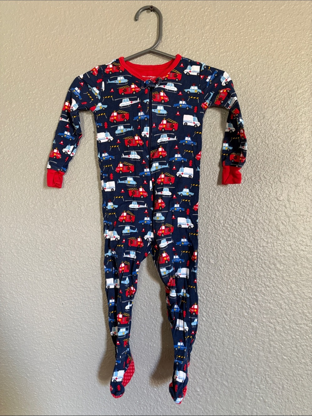 Navy and Red Firetruck Footed Pajamas